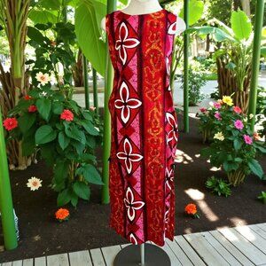 Hookano Hawaiian Red Tribal Print Sleeveless Maxi Tiki Sheath Dress Size Medium